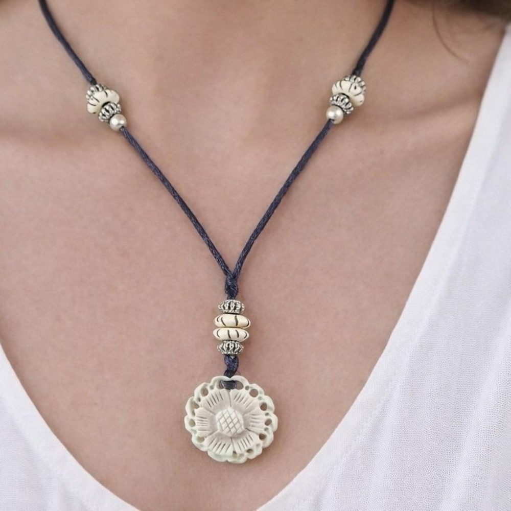 Vintage Carved Floral Pendant Necklace Cream Tone Black Cord